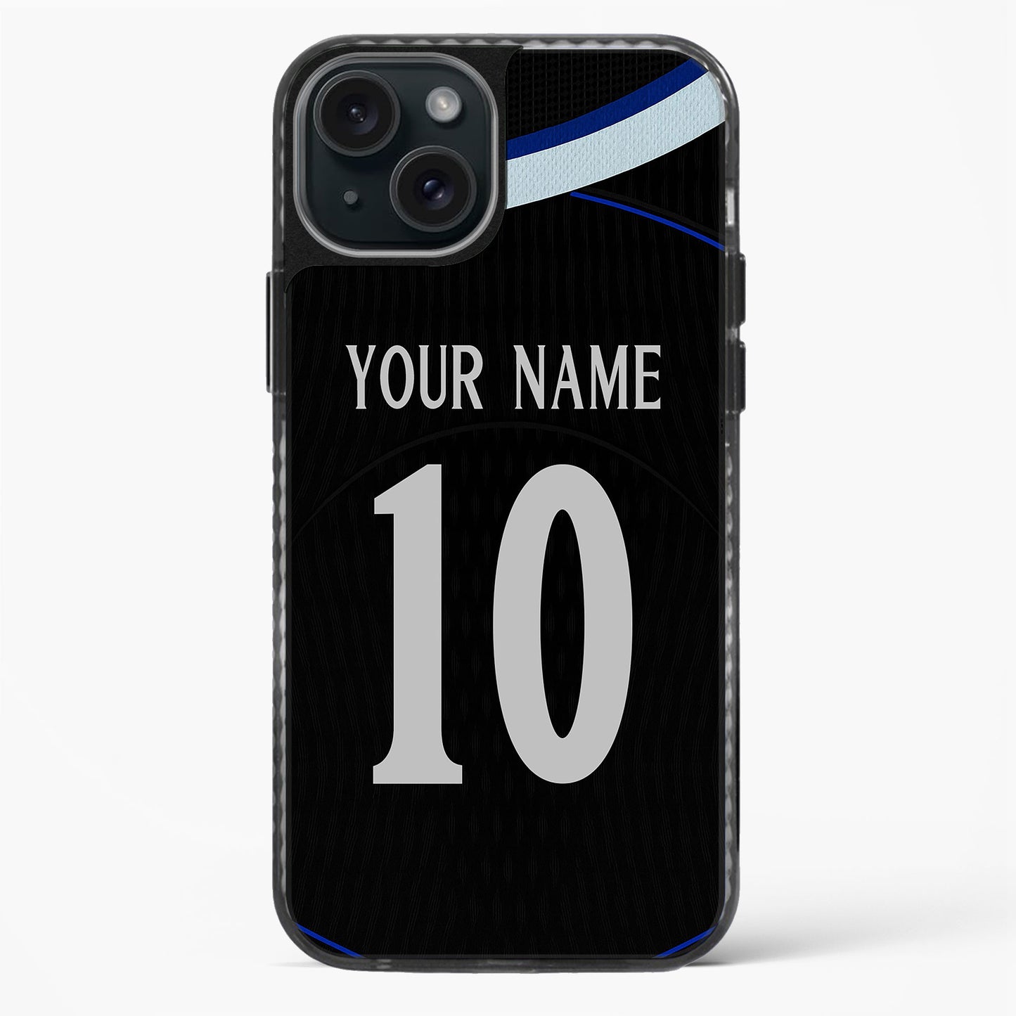 Phone case with customizable text on a black background