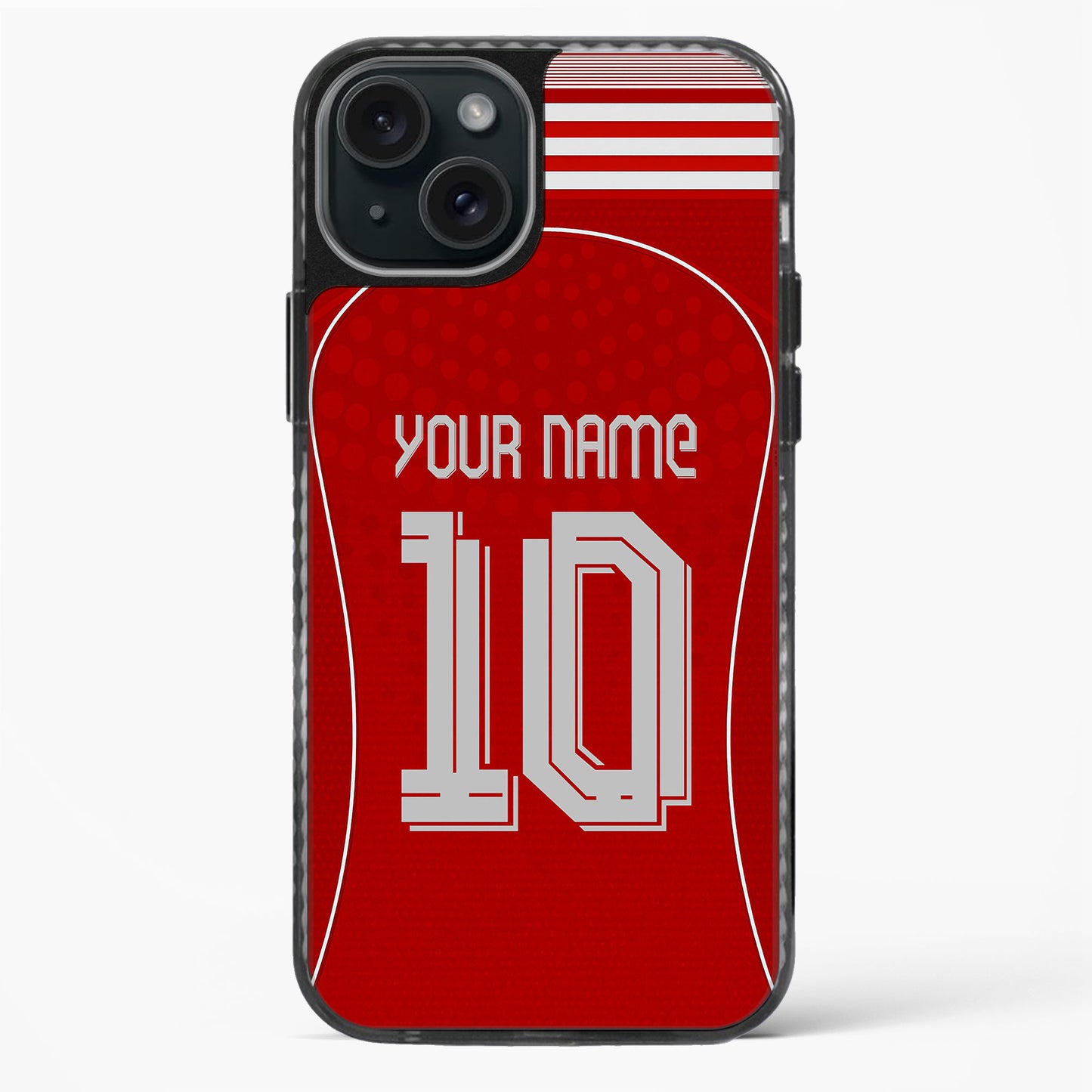 Phone case with red background, white text, and black border