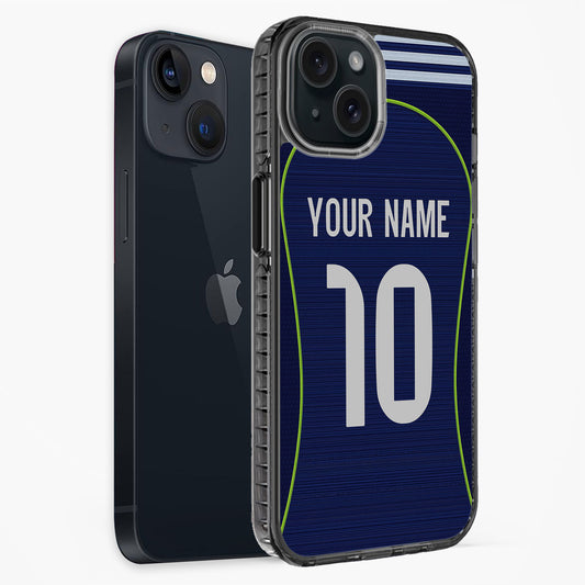 Phone case with customizable name and number on a white background