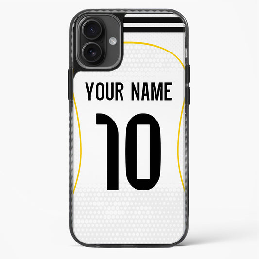 Phone case with customizable text on a white background