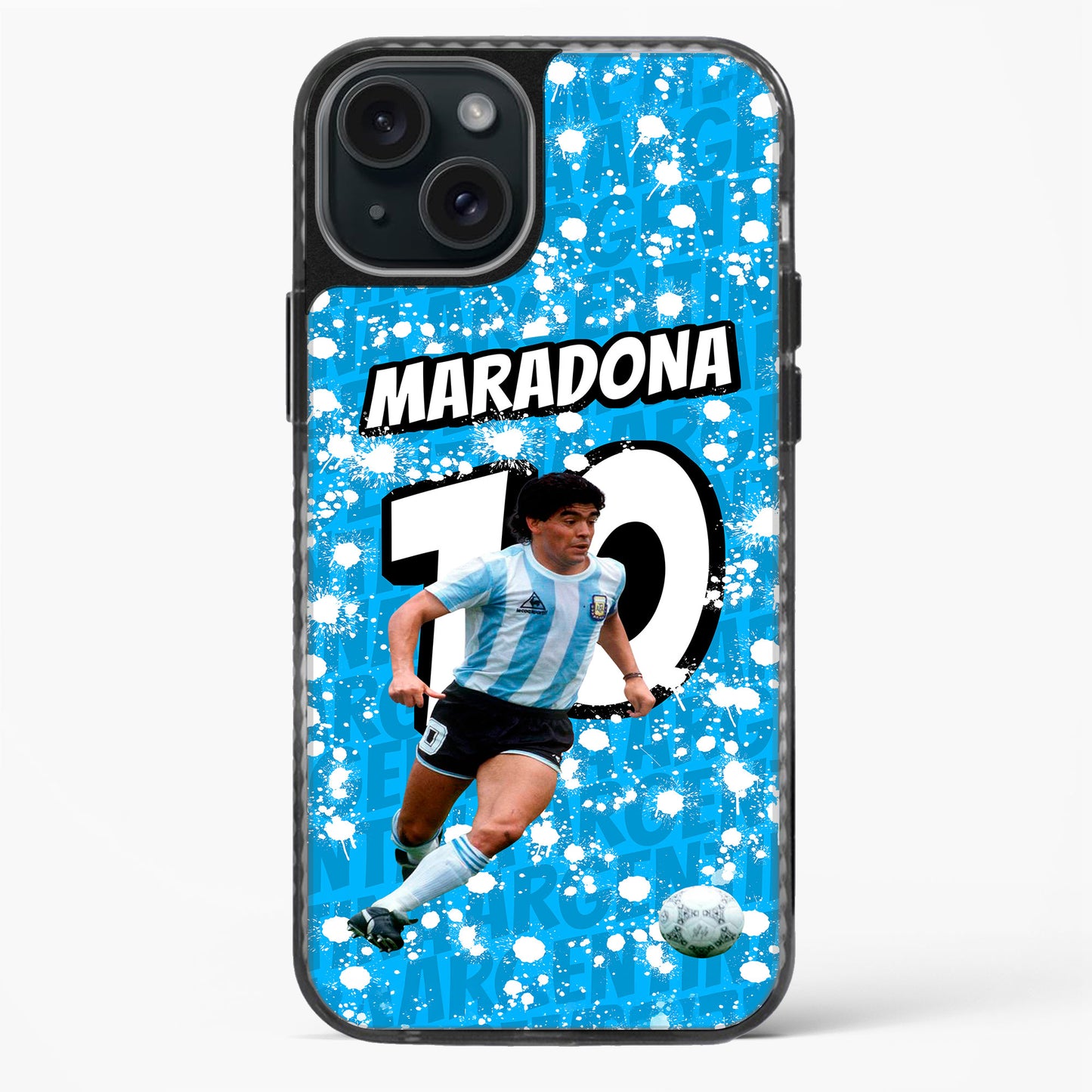 Phone case with a soccer player in a striped jersey and 'Maradona 10' text on a blue splatter background.