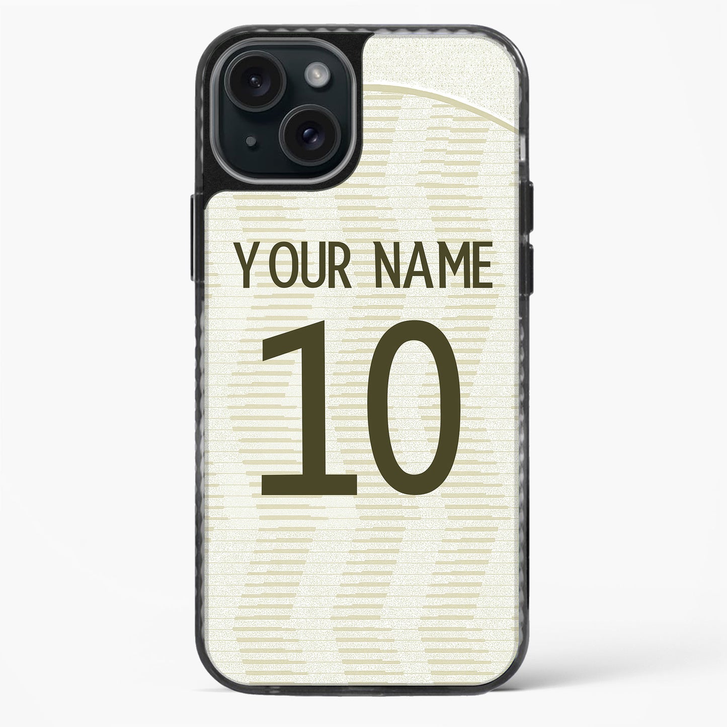 Phone case with customizable text on a white background