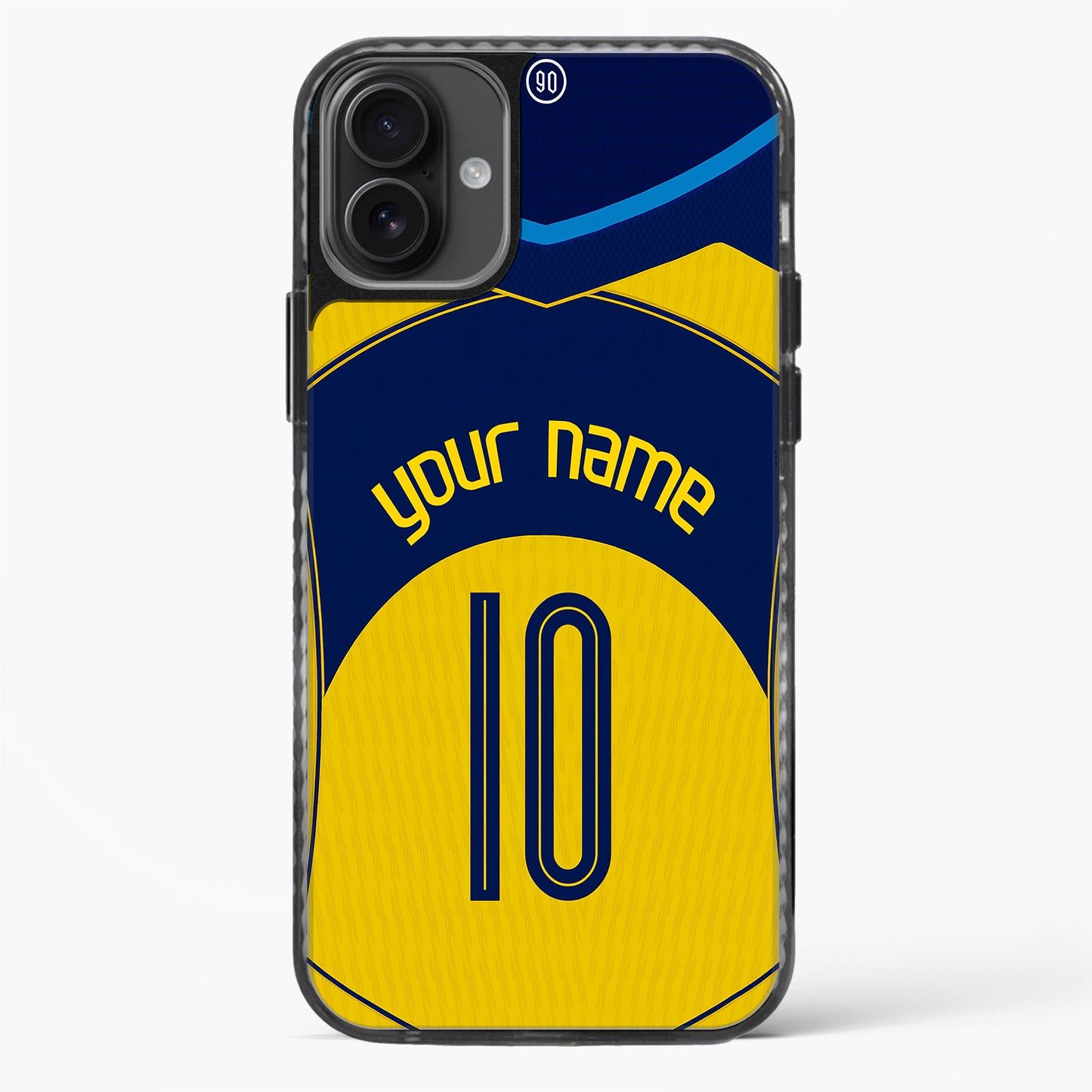 Phone case with blue and yellow design, customizable text, on a white background
