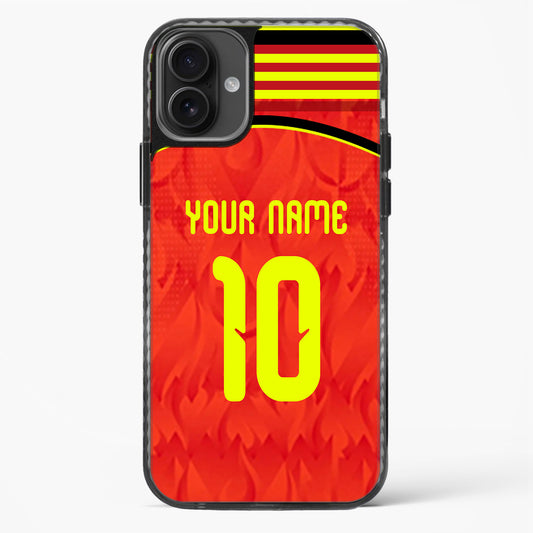 Phone case with red background, yellow number 10, and customizable text