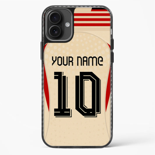 Phone case with customizable text on a beige background