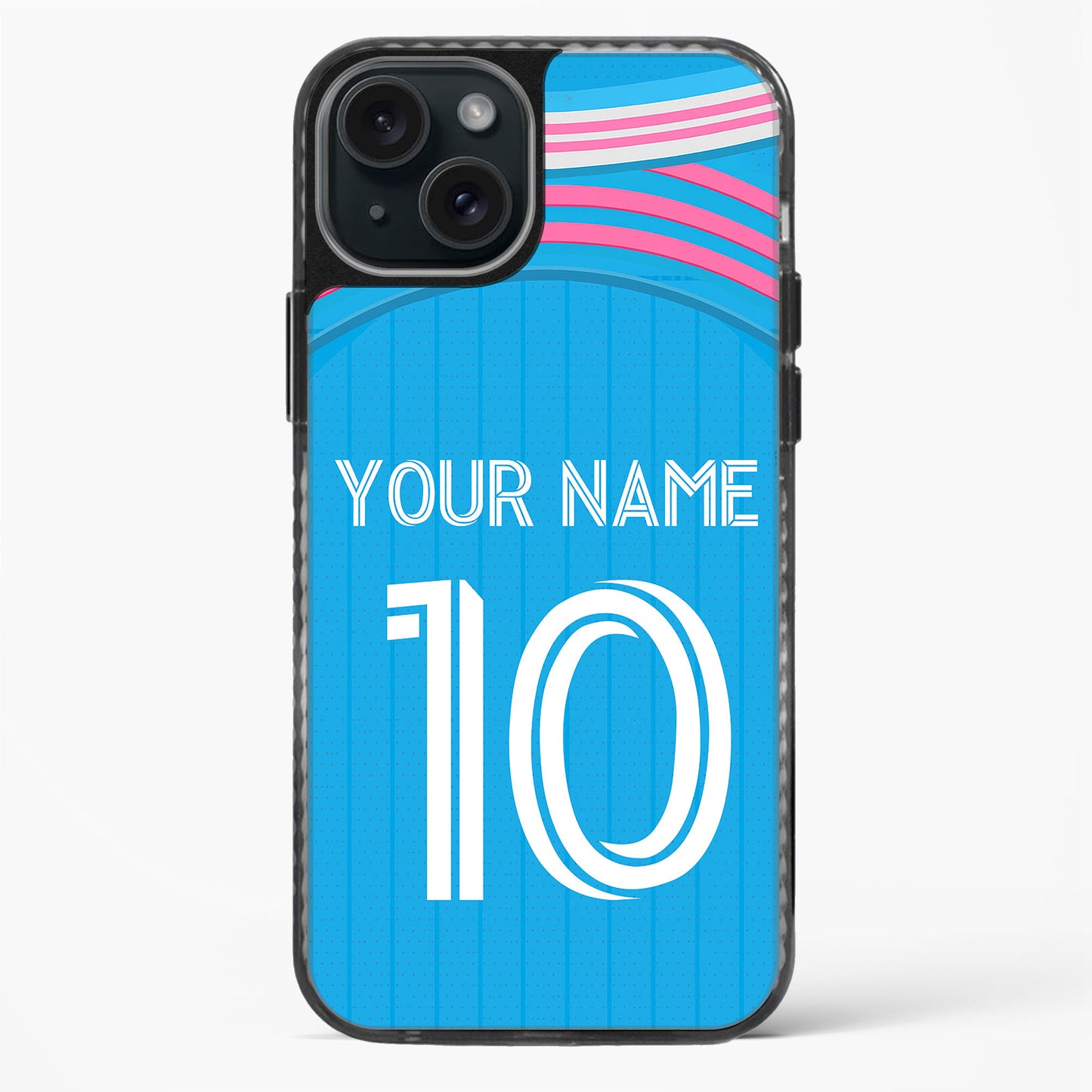 Phone case with blue background, white text, and pink accents on a white background