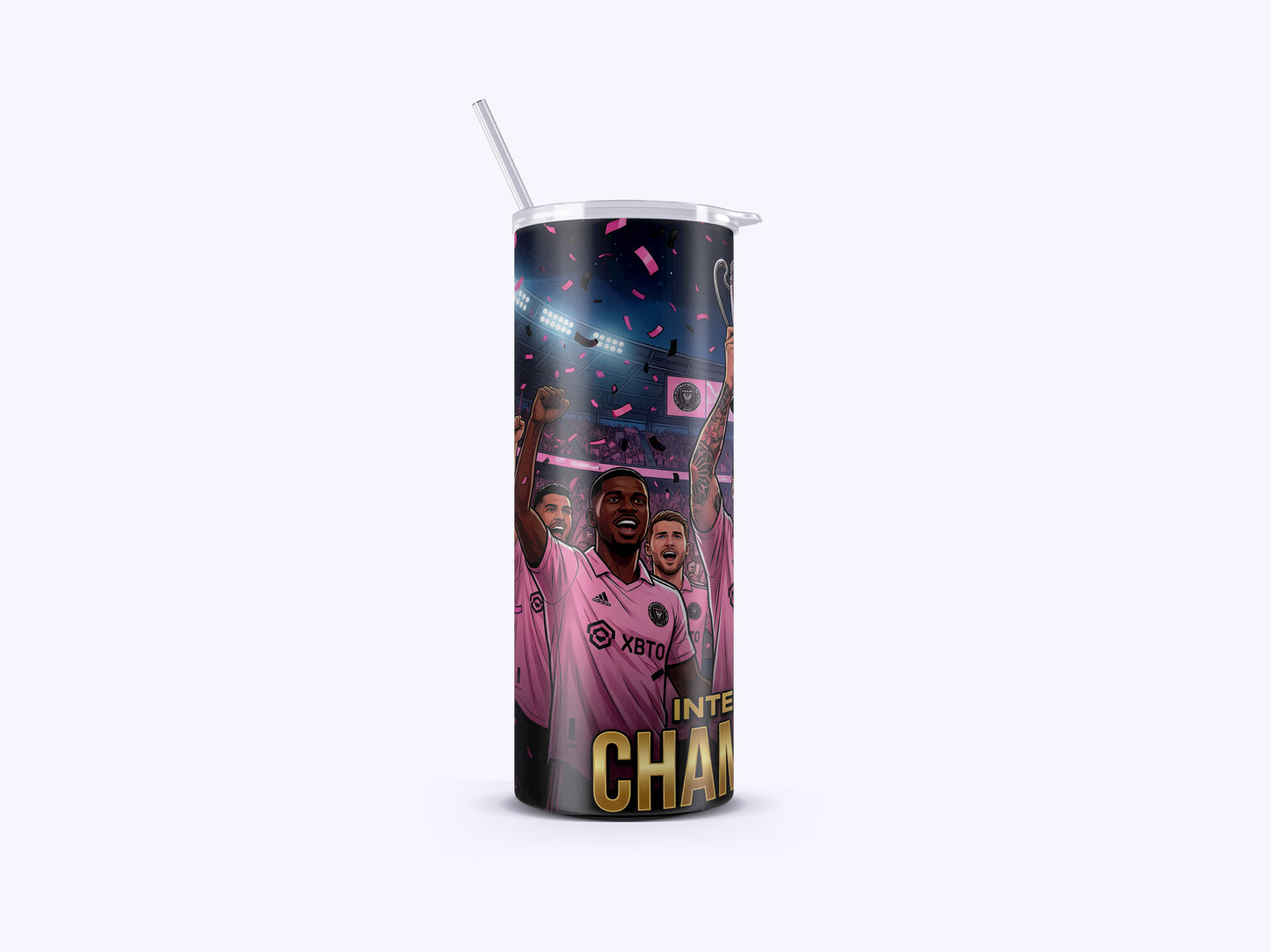 Tumbler with sports team design and text on a white background