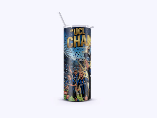 Tumbler with soccer-themed design featuring players and 'UCL CHAMPS' text on a white background
