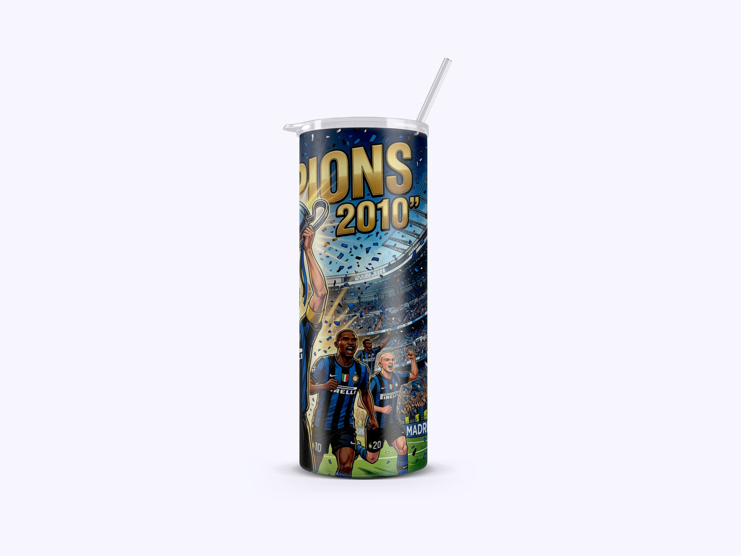 Tumbler with sports team design and text on a white background