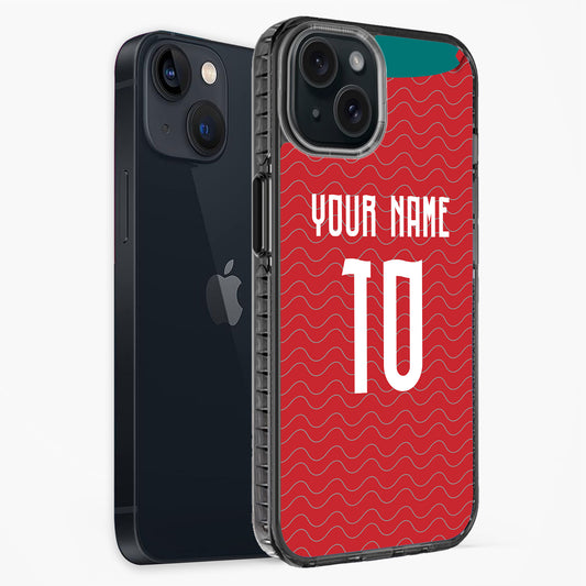 Phone case with red back and 'Your Name To' text, next to a black phone case.