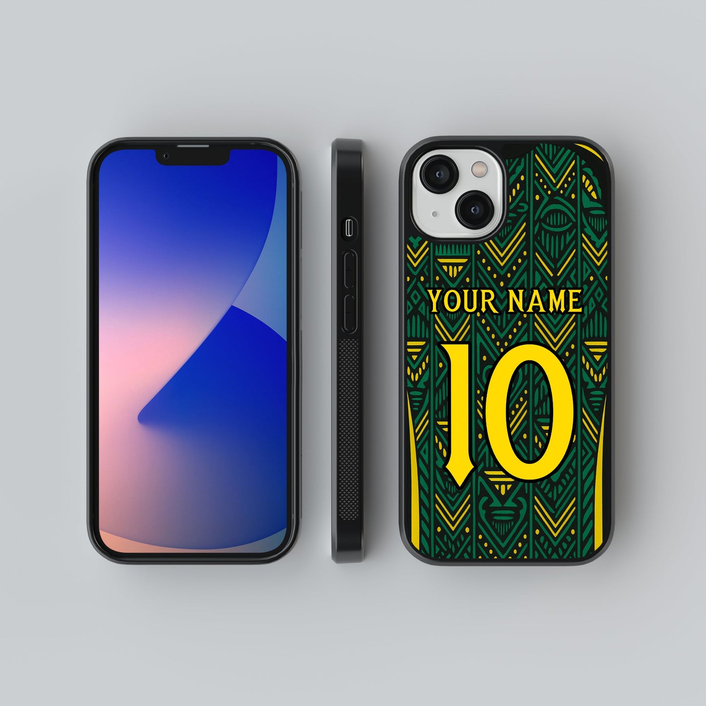 Phone case with green and yellow design and space for personalization on a gray background