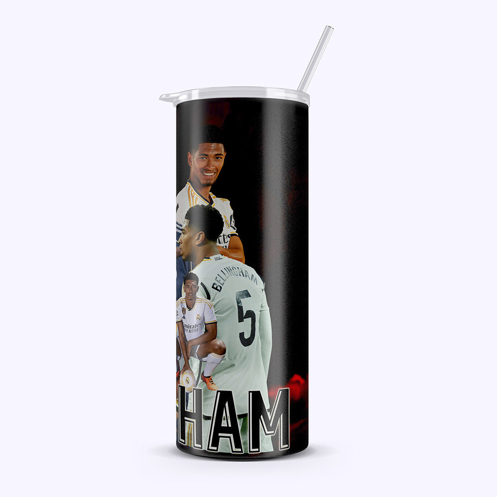 Tumbler with images of a soccer player and text on a white background