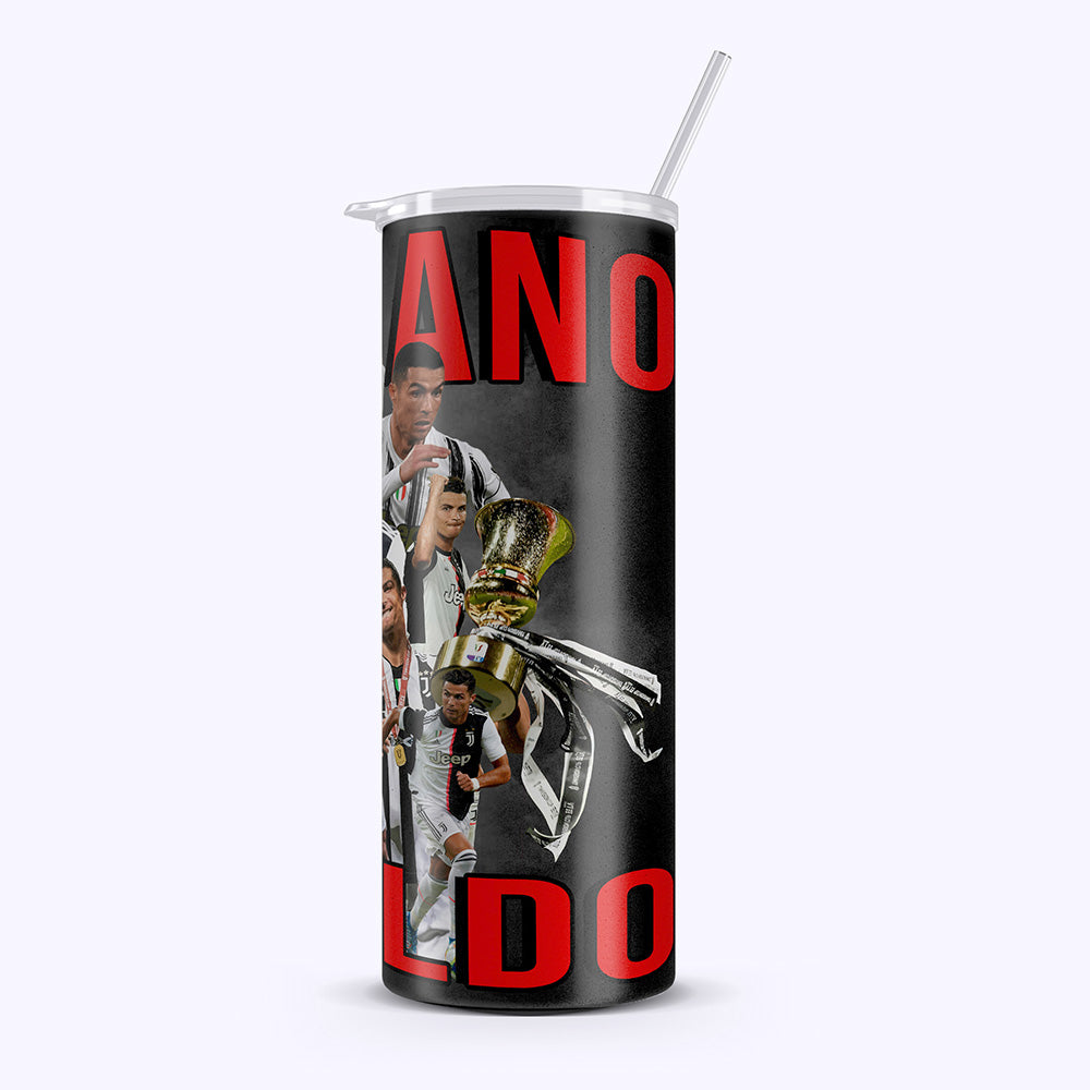 Tumbler with images of a person holding a trophy and text on a black background
