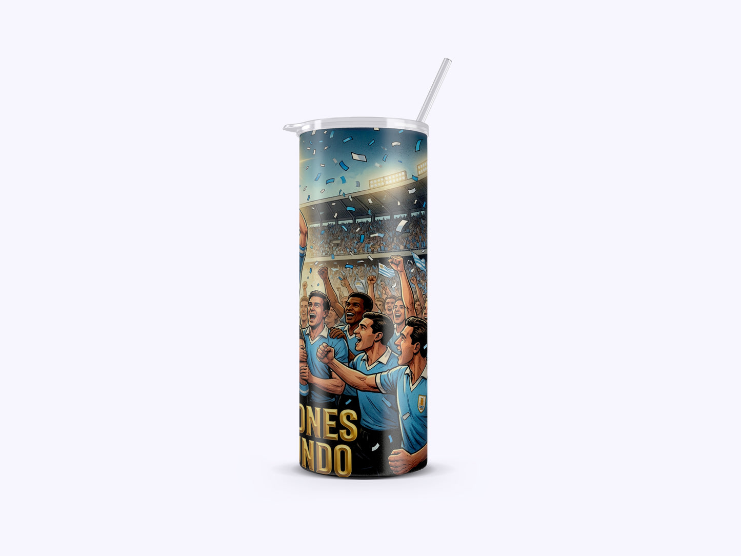 Tumbler with soccer-themed design featuring players and text on a white background