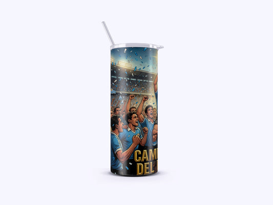 Tumbler with soccer-themed design featuring players and text on a white background