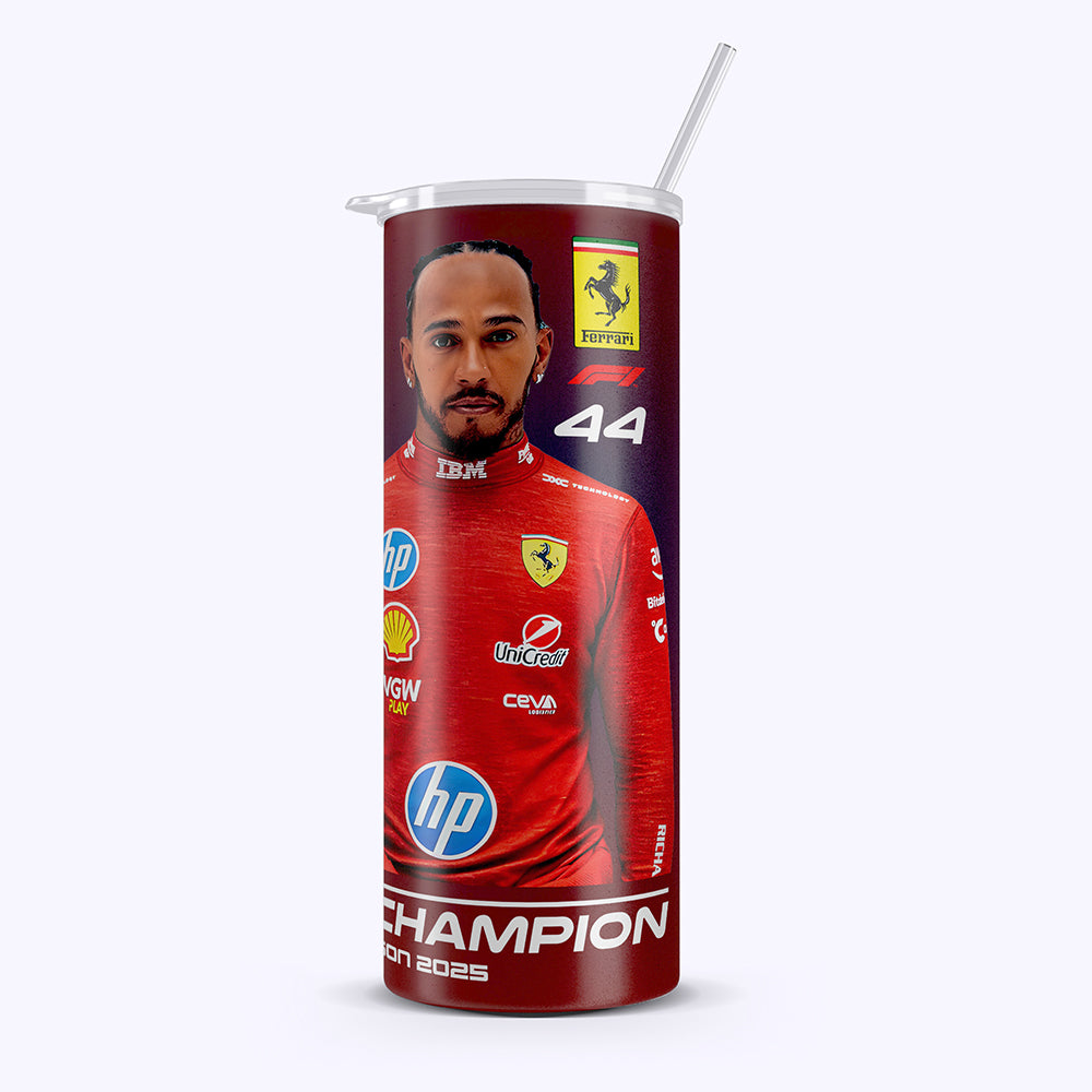 Tumbler with a driver's portrait and sponsor logos on a white background