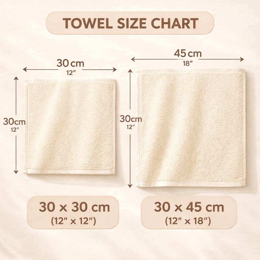 Towel size chart showing two towel dimensions with measurements and labels.