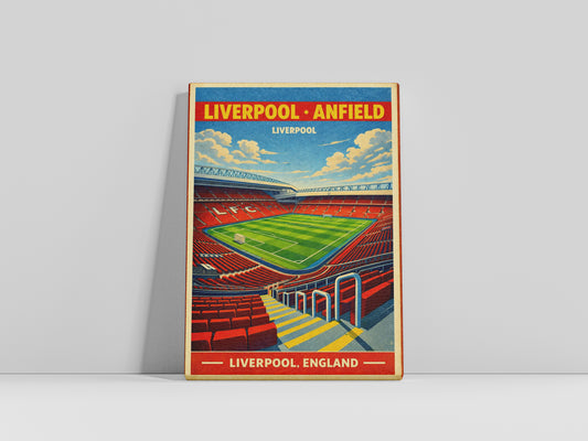 Poster of Liverpool Anfield stadium with colorful design on a gray background