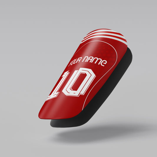 Red and black sports equipment with customizable text on a gray background