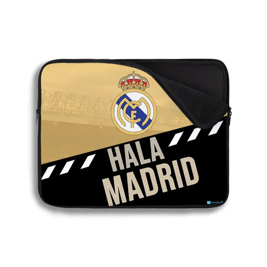 Laptop sleeve with Real Madrid logo and 'Hala Madrid' text on a white background
