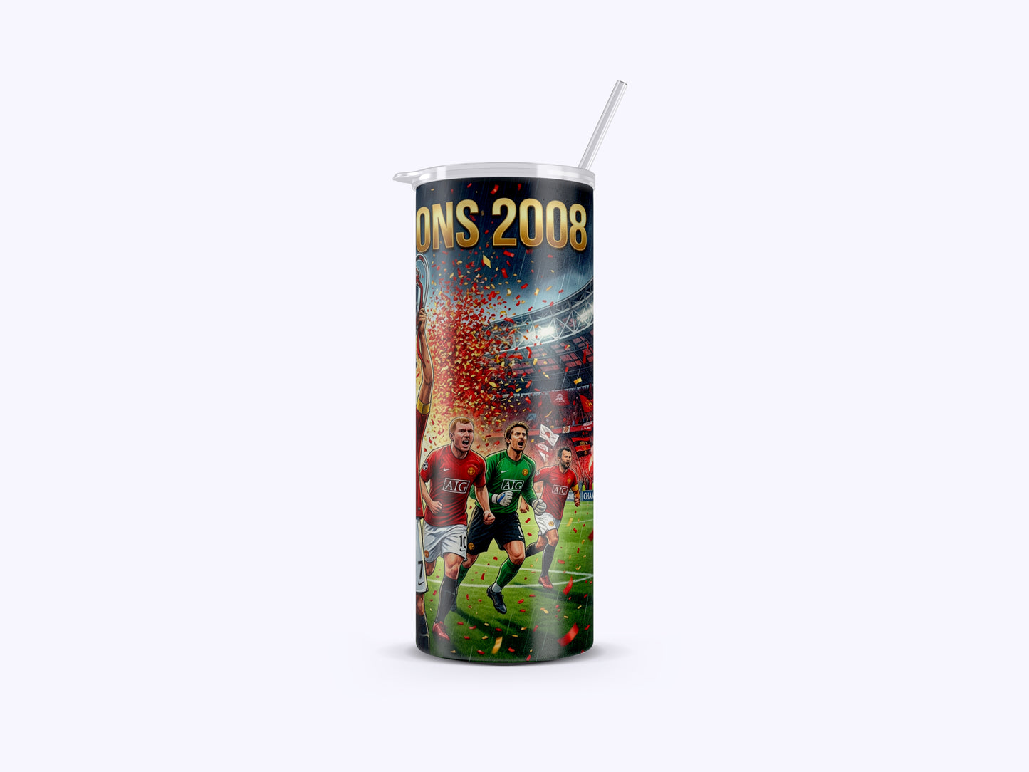 Tumbler with soccer player design and 'LIONS 2008' text on a white background