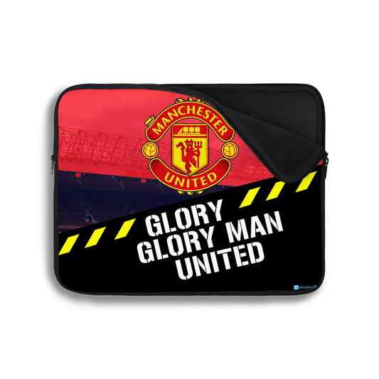 Laptop sleeve with Manchester United logo and 'Glory Glory Man United' text on a white background