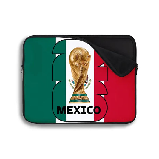 Laptop sleeve with Mexican flag design and World Cup trophy on a white background