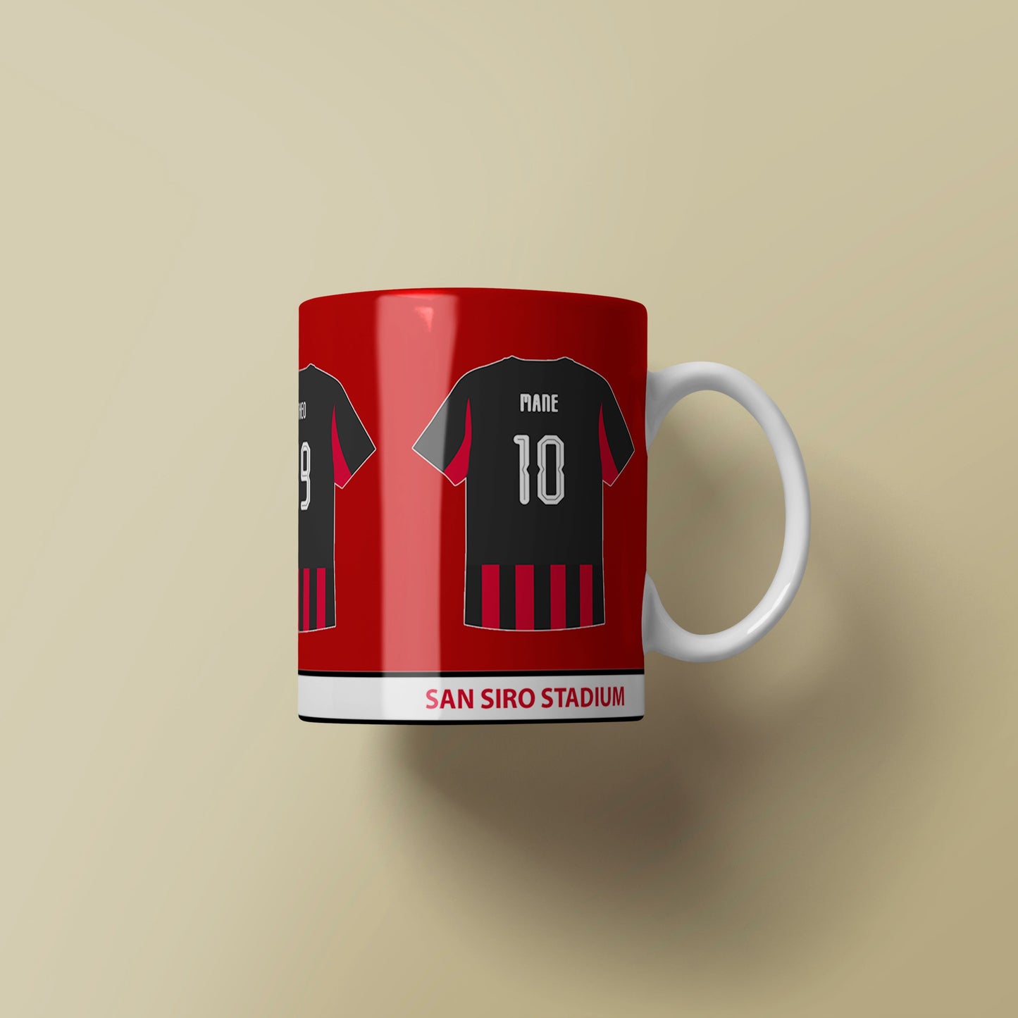 Red mug with black sports jersey design on a beige background