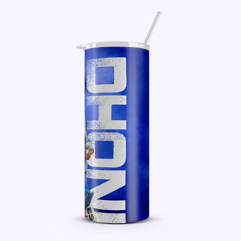 Blue tumbler with white text and a straw on a white background