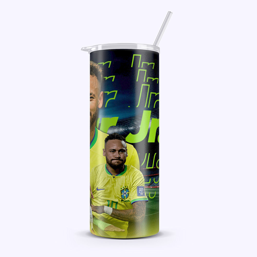 Tumbler with soccer player design and visible brand logo on a white background