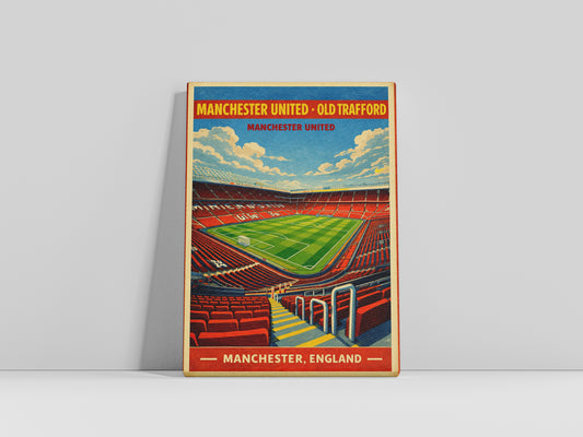Vintage-style poster of Manchester United Old Trafford stadium on a gray background