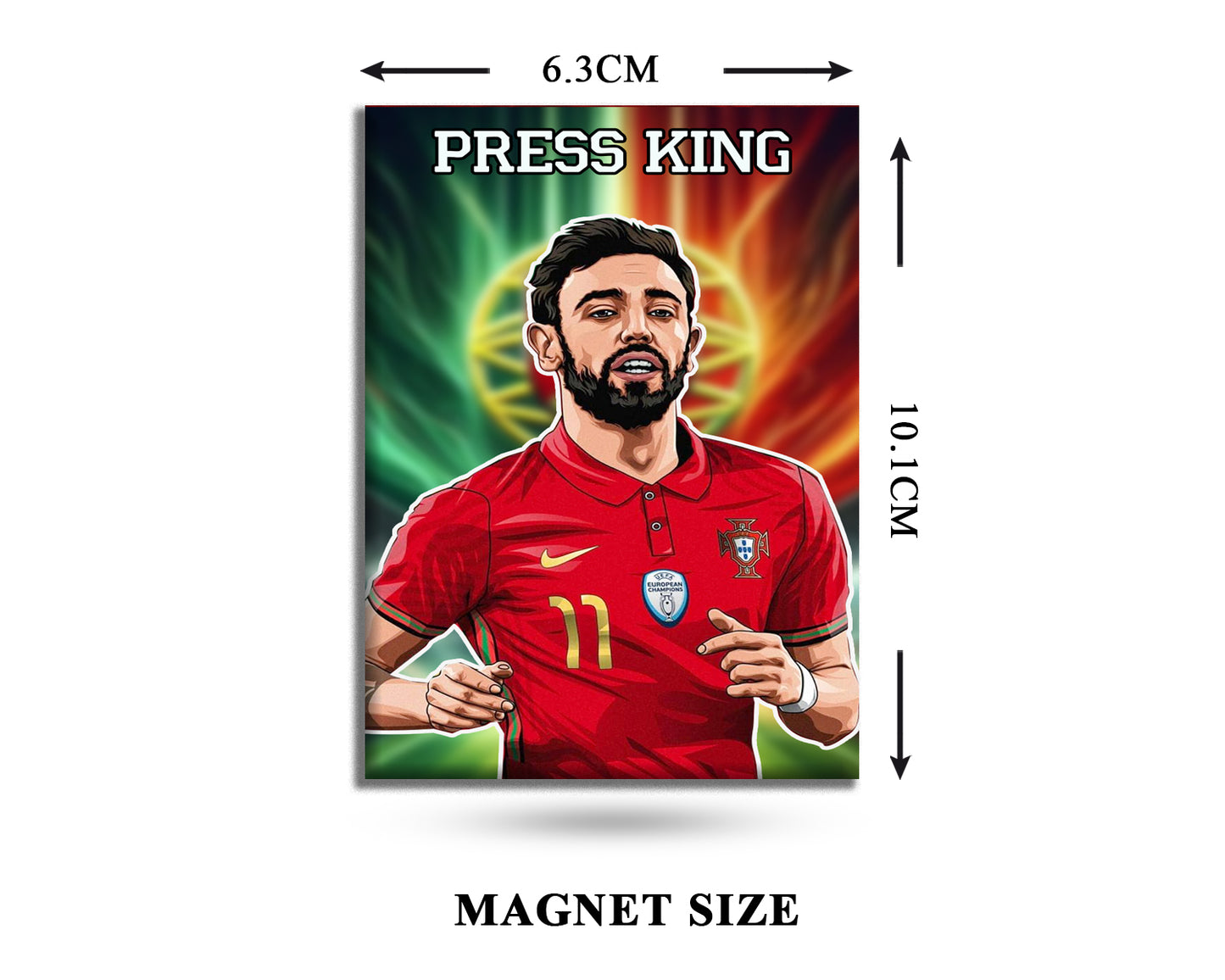 Magnet with a soccer player in a red jersey and dimensions labeled
