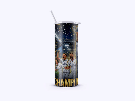 Tumbler with sports-themed design featuring athletes and the word 'Champion' on a white background