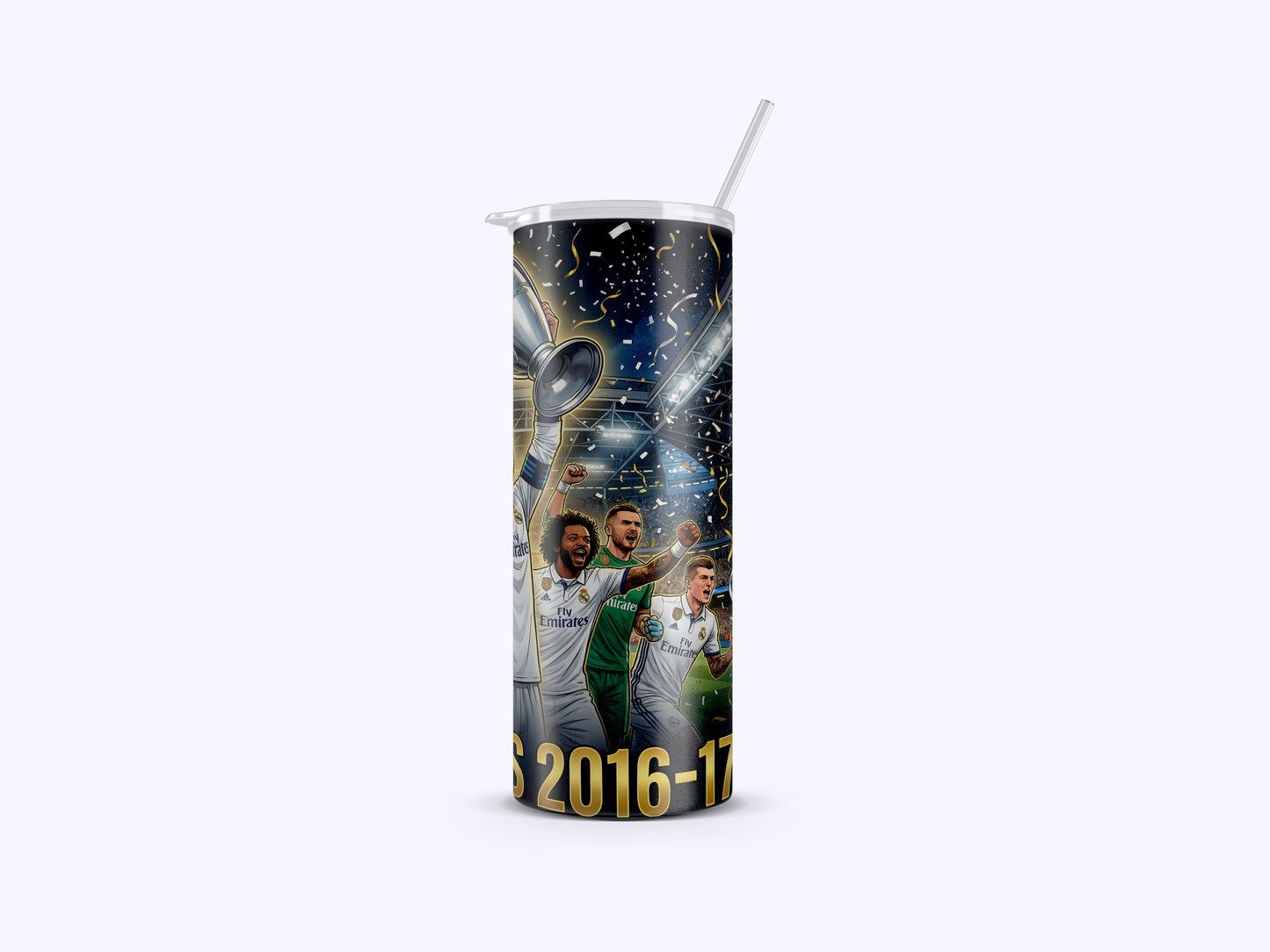 Tumbler with soccer-themed design featuring players and a trophy, on a white background