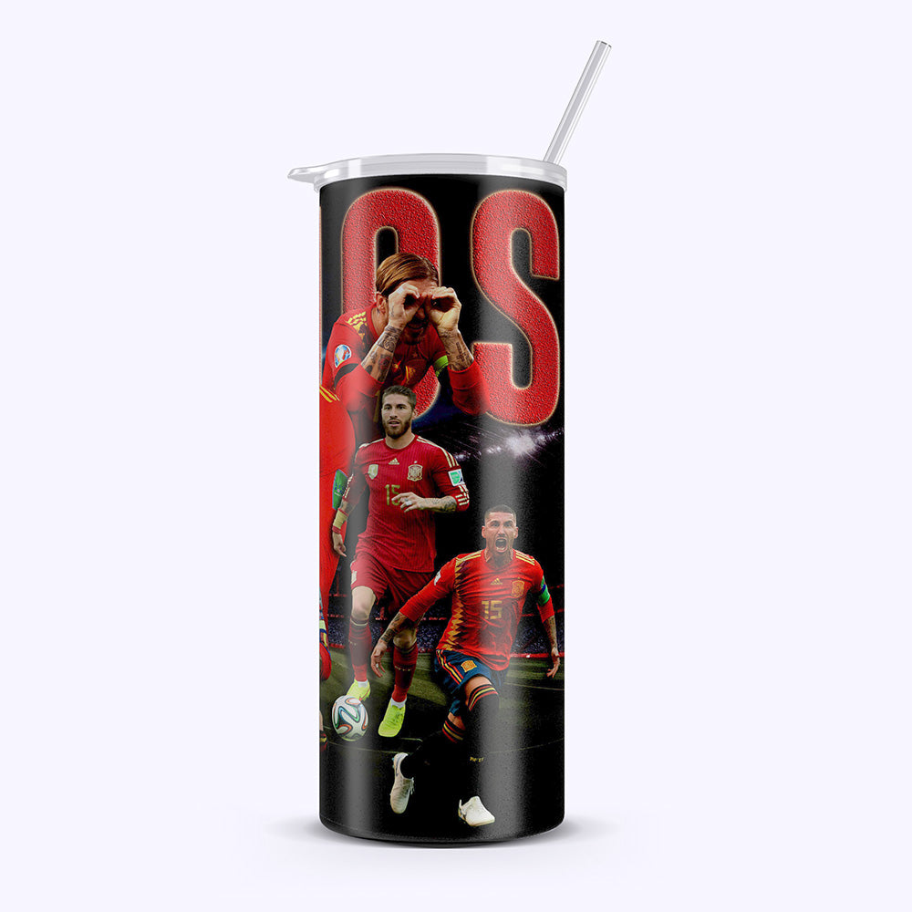 Tumbler with soccer player design and 'OS' branding on a white background