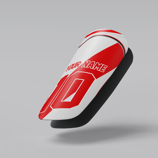 Red and white golf club head cover with 'Your Name' text on a gray background