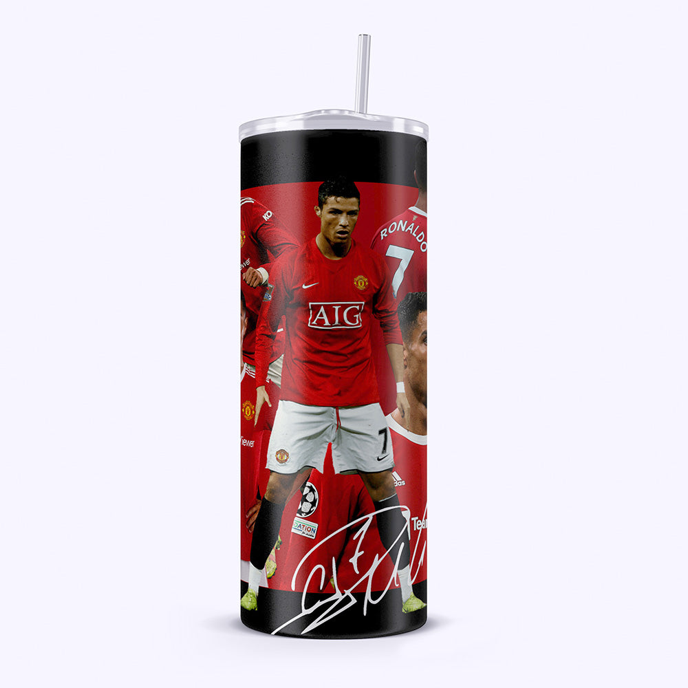 Tumbler with a soccer player in a red jersey on a white background