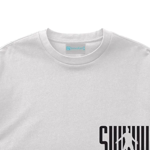 White t-shirt with black graphic design on a white background