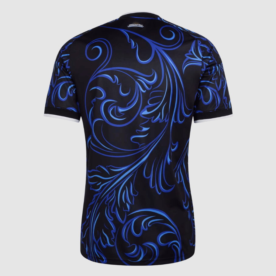 Black t-shirt with blue intricate patterns on a white background