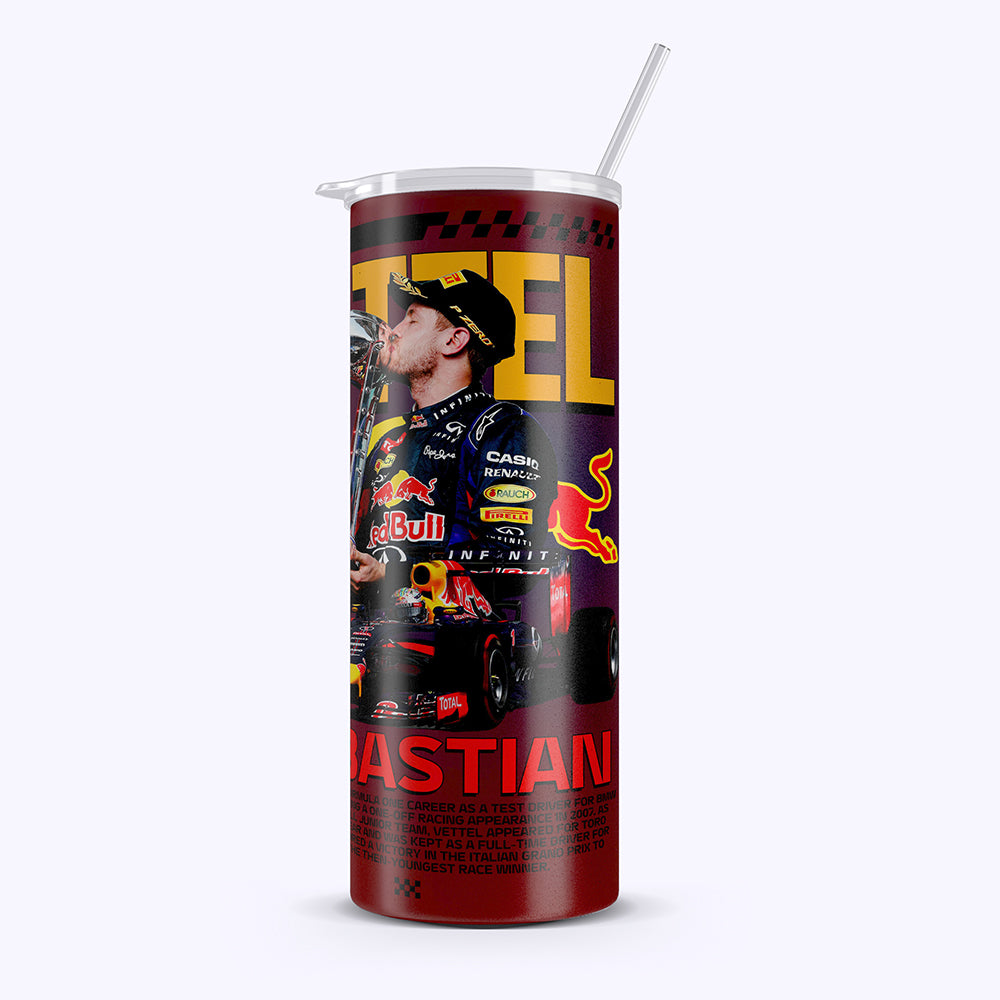 Tumbler with Formula 1 driver and Red Bull branding on a white background