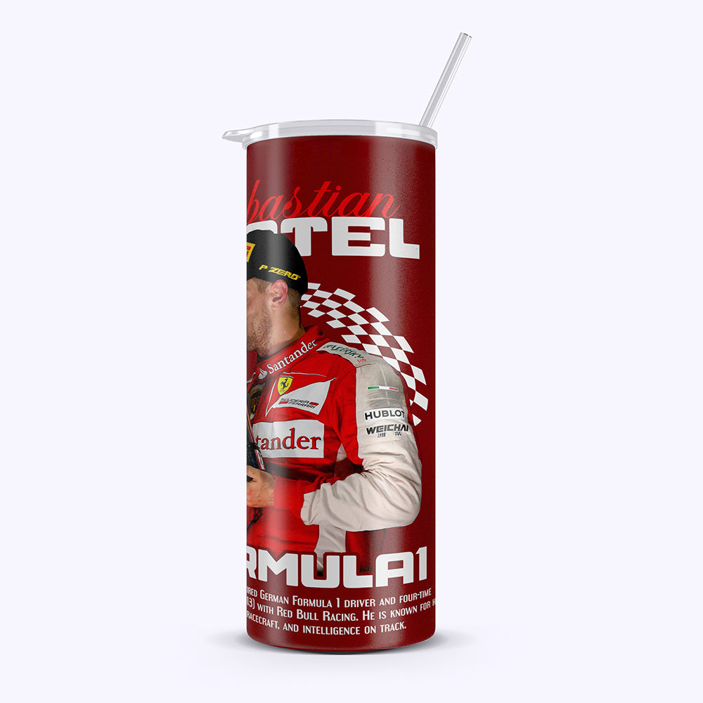Red cup with Formula 1 driver branding on a white background