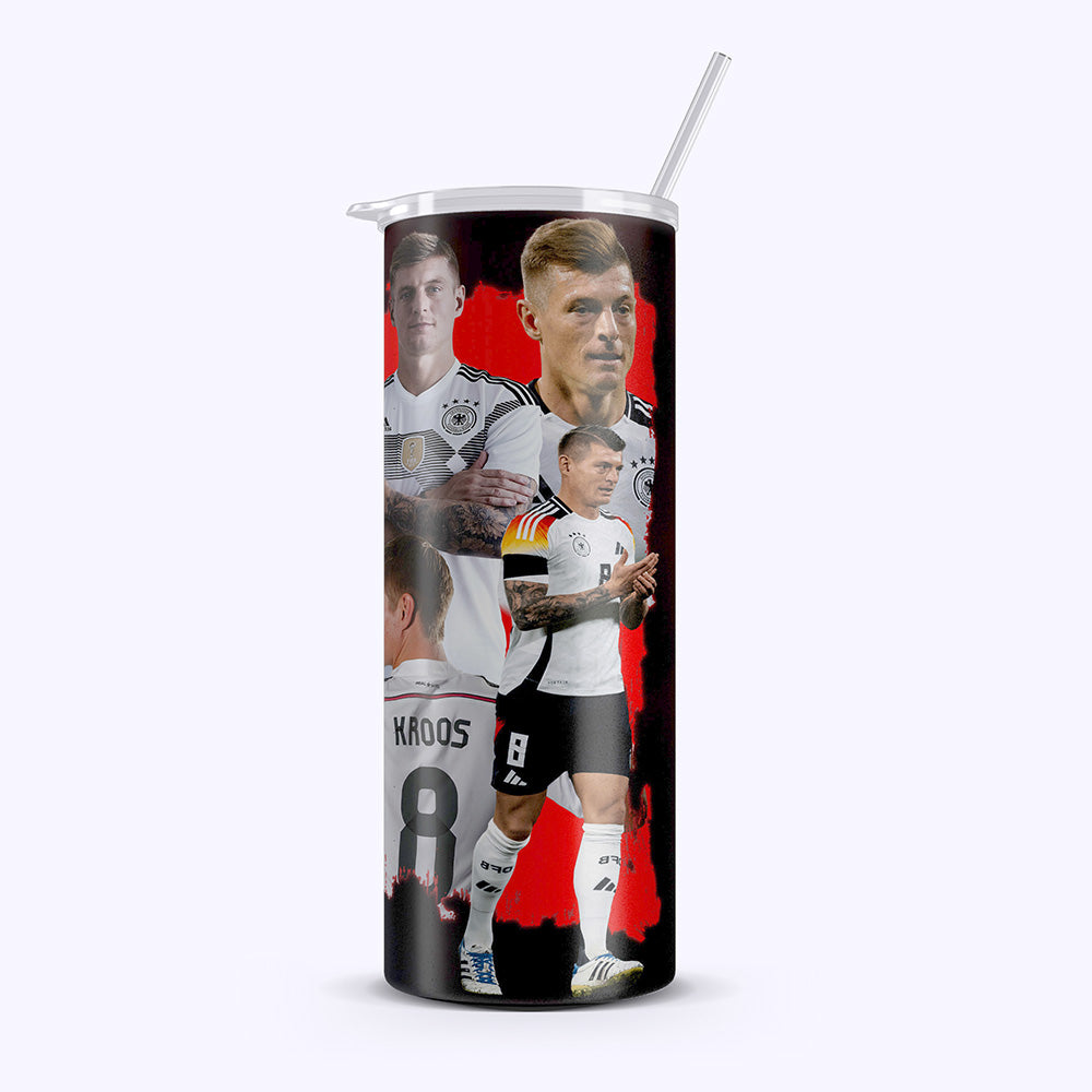 Tumbler with soccer player images on a white background