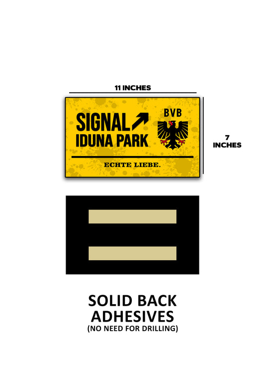 Sticker with Signal Iduna Park logo and dimensions on a white background