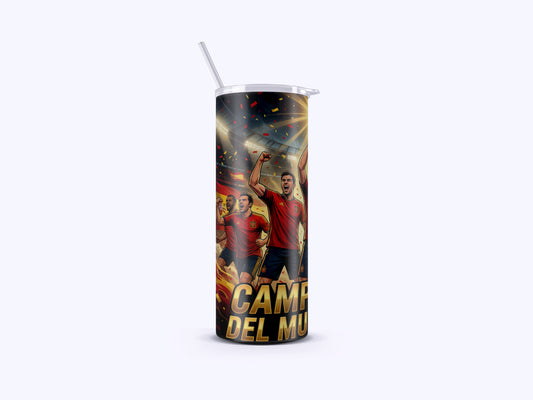 Tumbler with sports-themed design featuring athletes and text on a white background