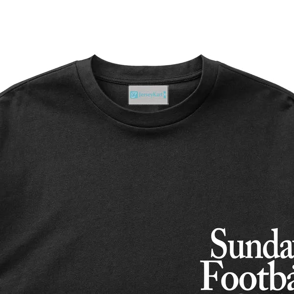 Black t-shirt with 'Sunday Football' text and a visible brand label on a white background