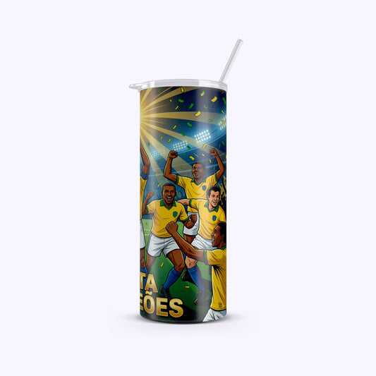 Tumbler with soccer-themed design featuring players and text on a white background