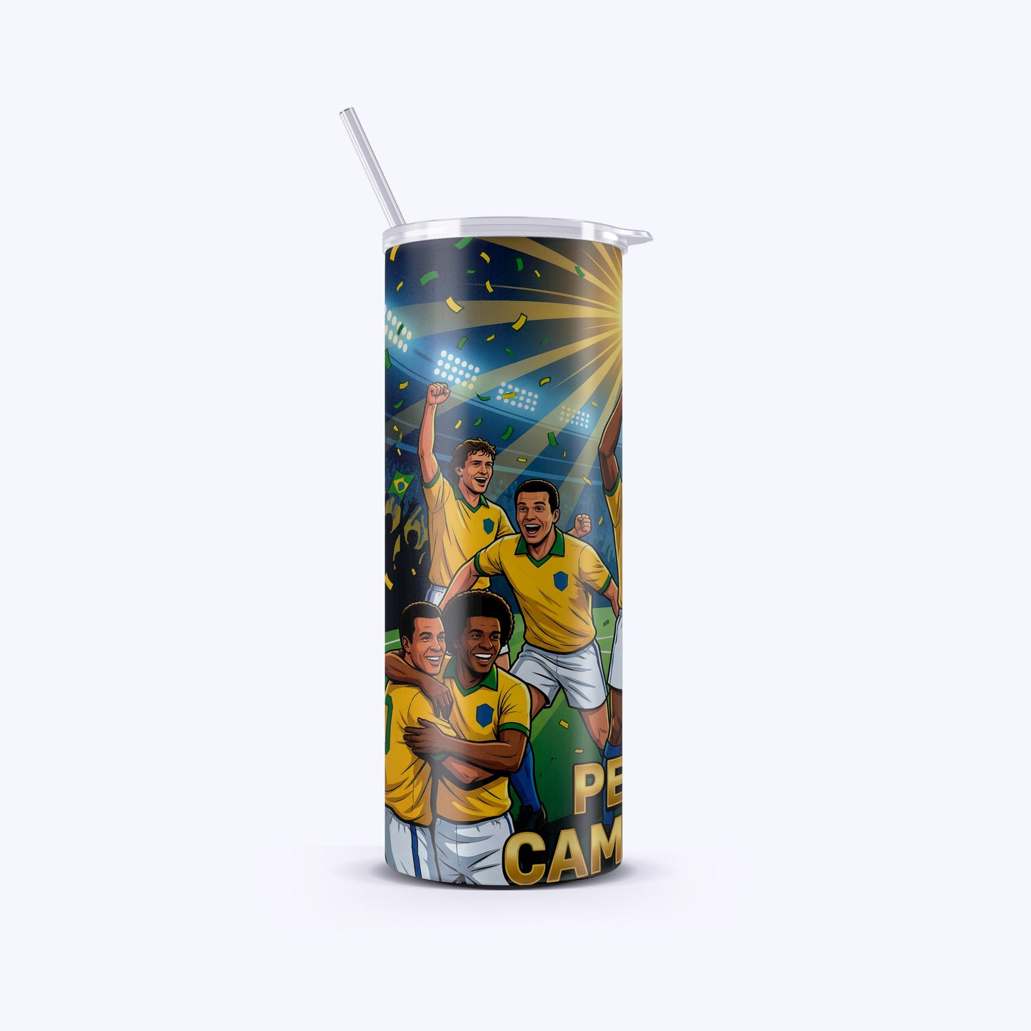 Tumbler with soccer player design on a white background