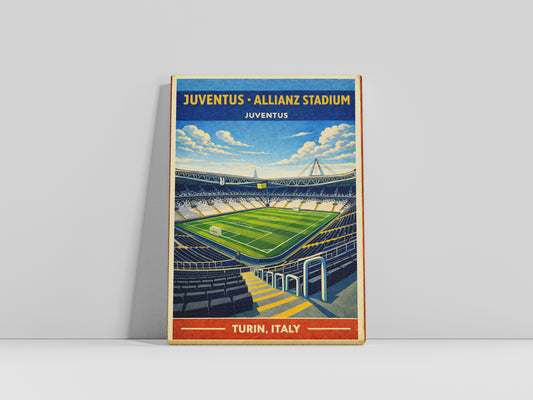 Poster of Juventus Allianz Stadium with a stadium illustration on a gray background