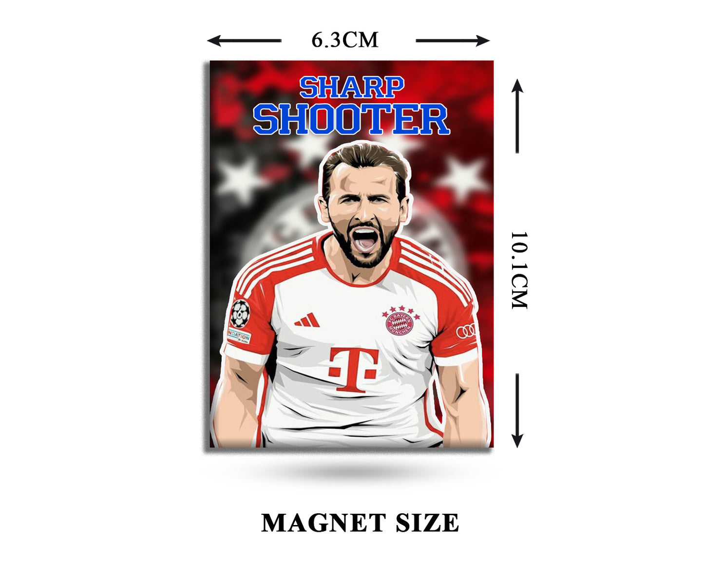 Magnet with a soccer player in a red and white jersey, labeled 'Sharp Shooter', with dimensions 6.3cm x 10cm.