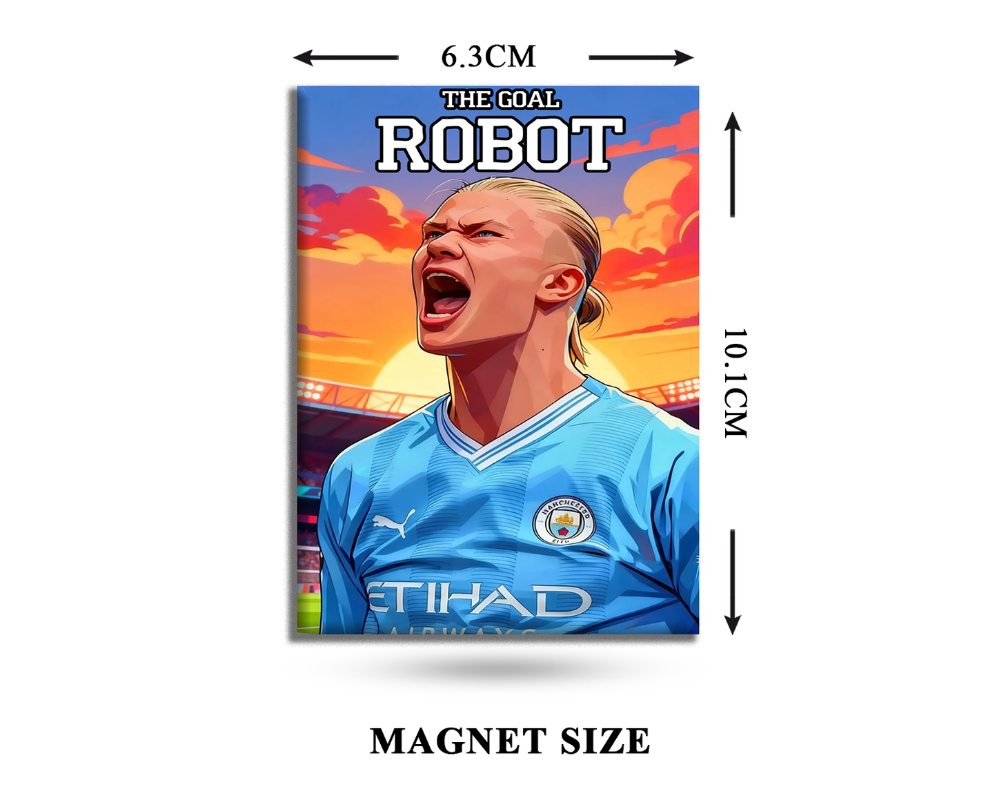 Magnet with a soccer player in a blue jersey and 'The Goal Robot' text, with dimensions indicated.